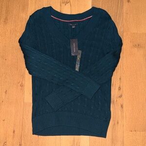 Tommy Hilfiger Cable Knit V-Neck Sweater Women’s Large Teal Cotton